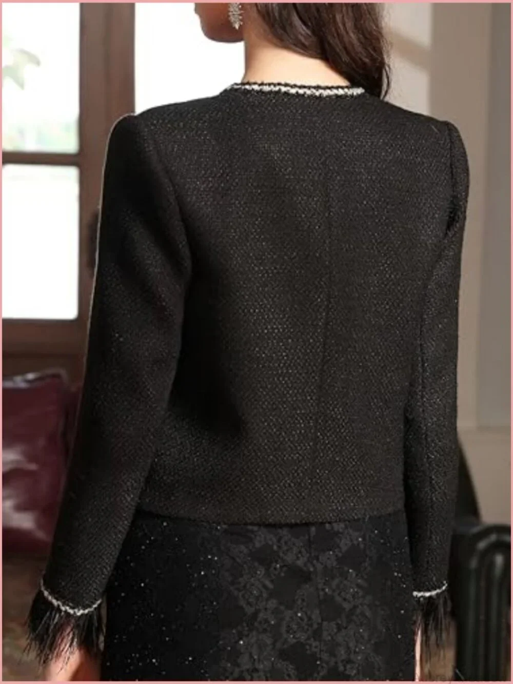 Collarless Cropped Tweed Blazer with Pockets Long Sleeve V-Neck Dressy Jacket